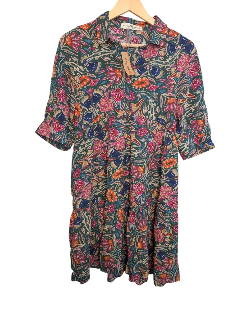 Natural Life Becca Mini Dress Green  Vines Floral Tiered Boho..Size Small (New) - Picture 3 of 8